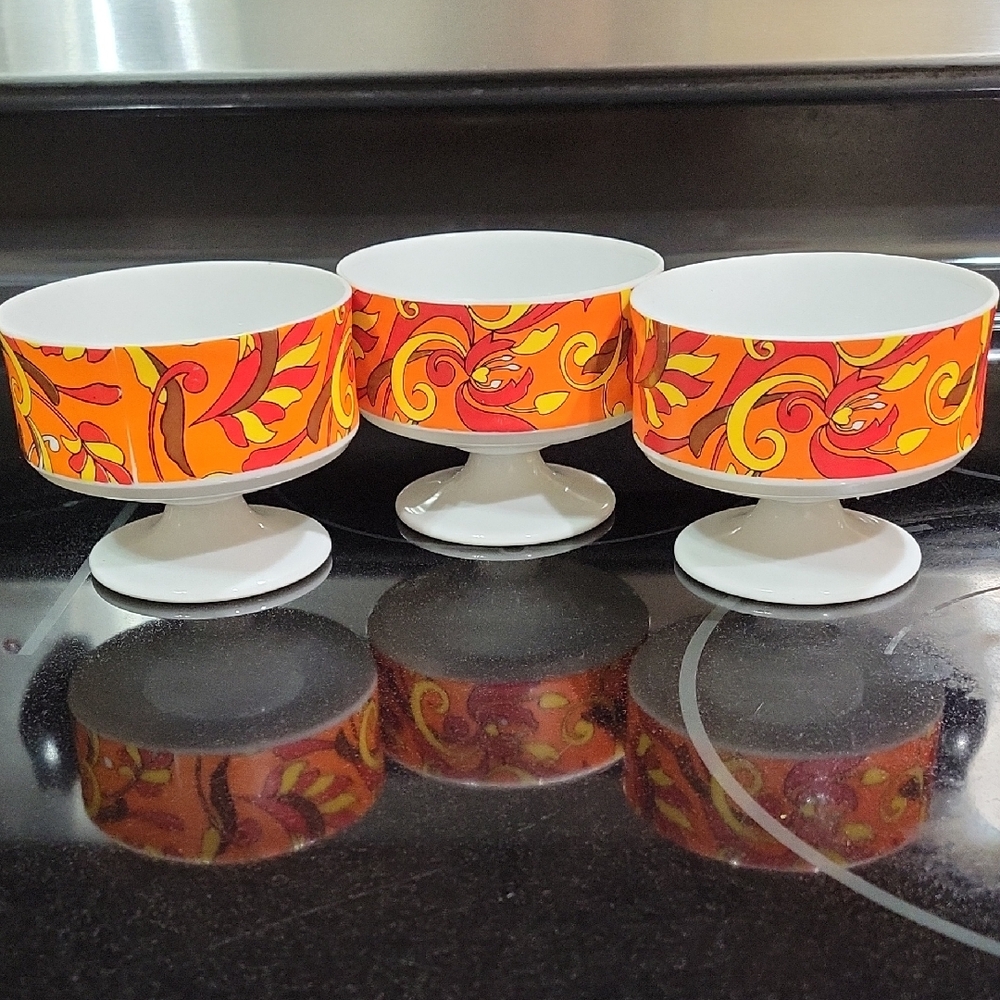 Retro 1960s 1970s Pedestal Ice Cream Sherbet Cups Orange Floral Set of 3